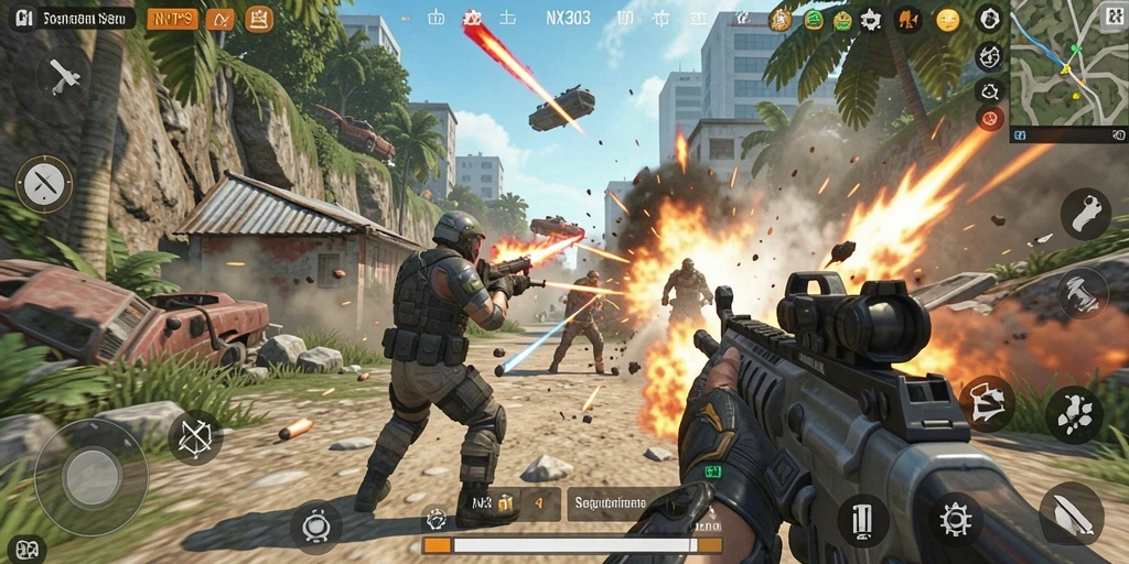 Tangkapan layar gameplay NX303 yang menampilkan aksi pertarungan TPS yang mendebarkan.