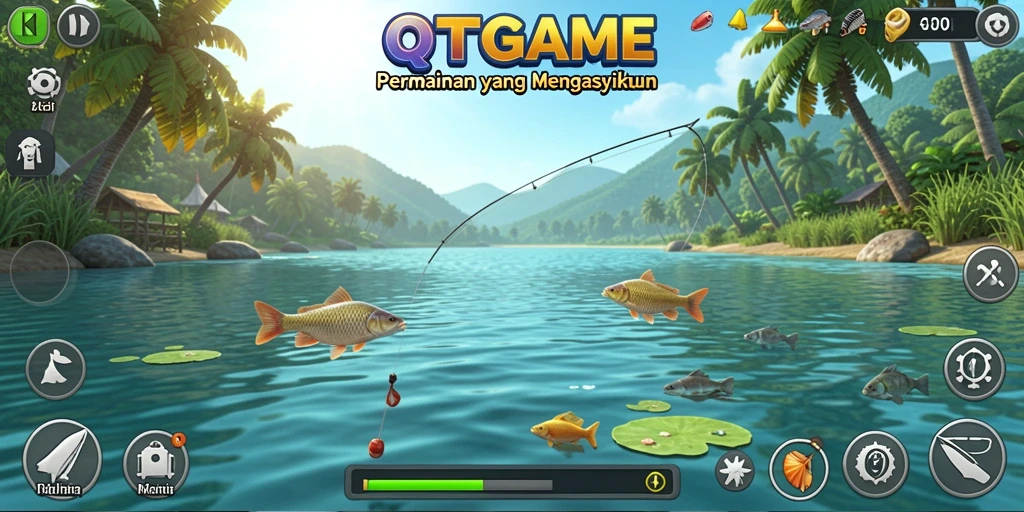 Tampilan gameplay QTGAME dengan suasana memancing yang menenangkan.