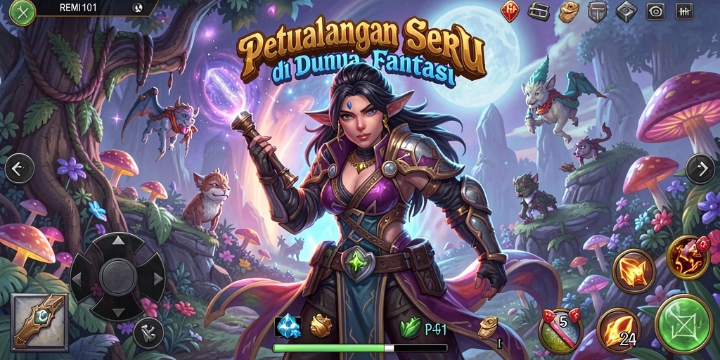 Screenshot dari gameplay petualangan di REMI101 yang menampilkan karakter dan dunia fantastis.