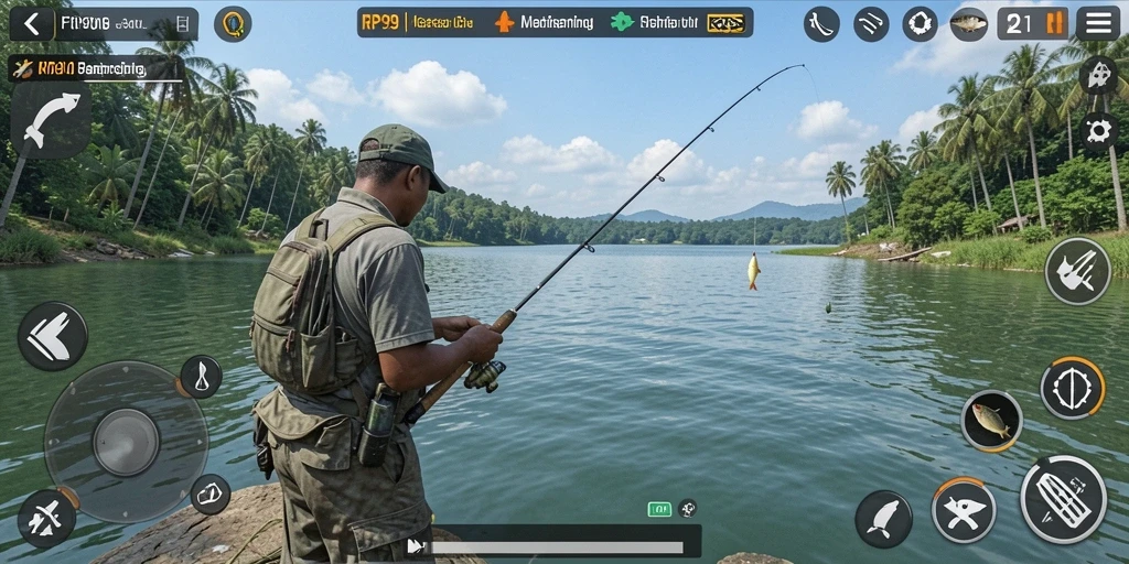 Tampilan gameplay RP99 yang menarik saat memancing di lokasi eksotis.
