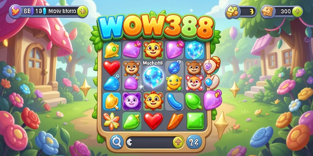 Tangkapan layar gameplay WOW388 yang menampilkan tantangan Match-3.